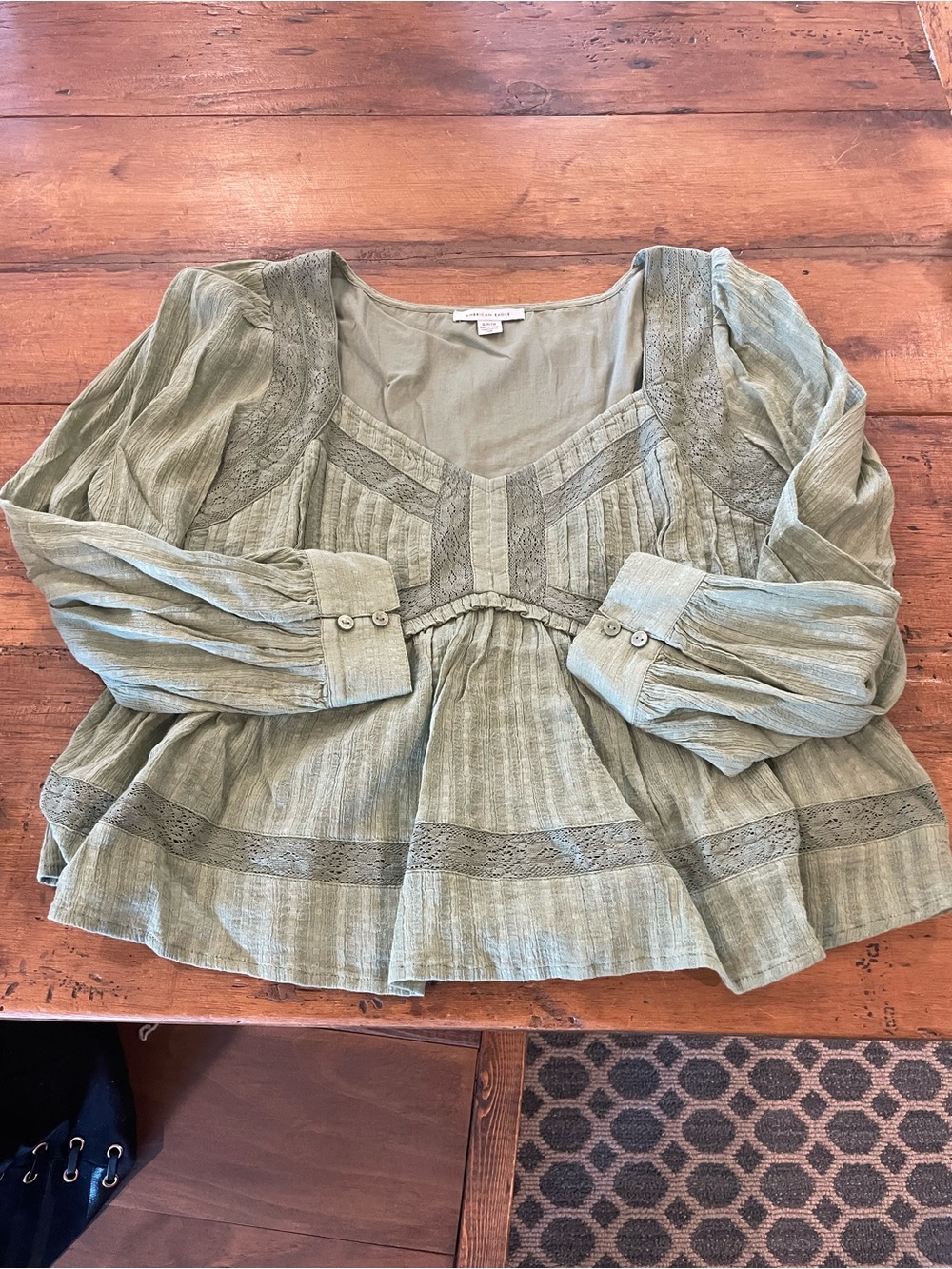 American Eagle Outfitters Olive Green Lace-Trim Peasant Top